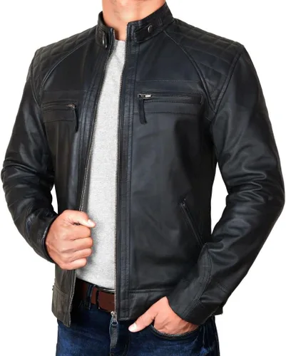 Vista 2 de STOREJEES Chaqueta de cuero para motocicleta para hombre, color negro, ajuste delgado, color marrón, estilo Moto Racer, moda atemporal para hombre