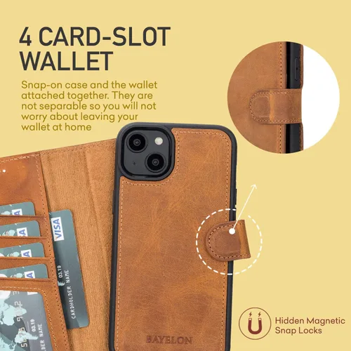 Vista 6 de Bayelon Funda para iPhone 14, funda de cuero de grano completo, [2 en 1], funda magnética desmontable con ranuras para tarjetas, soporte y función