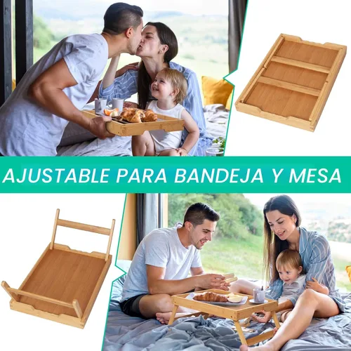 Vista 5 de Artmeer FSC - Bandejas de cama 100% bambú, tamaño mediano, 2 unidades, color natural Two FSC 100% bamboo bed trays with folding legs and handles