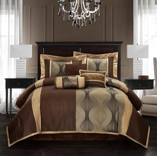Vista 10 de Grand Avenue - Juego elegante de edredón negro y dorado, a rayas, 7 piezas de juego de cama de jacquard con edredón para todas las estaciones