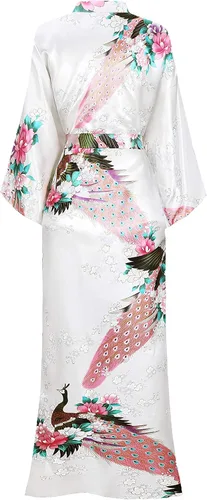 Vista 2 de BABEYOND Kimono de mujer bata larga con pavo real y flores estampado Kimono camisón