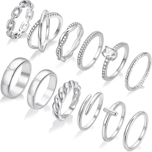 Vista 5 de FAXHION 12 piezas de anillos delicados de oro de 14 quilates para mujer, diseños cruzados de diamante simulado con giro grueso abierto de eternidad