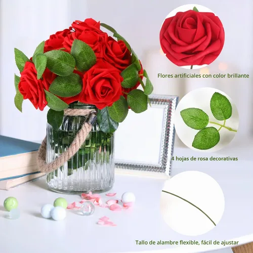 Vista 3 de LOKIPA 50 rosas artificiales, 50 unidades de rosas rojas de espuma de aspecto real, rosas artificiales con tallos para decoración de ramos de boda