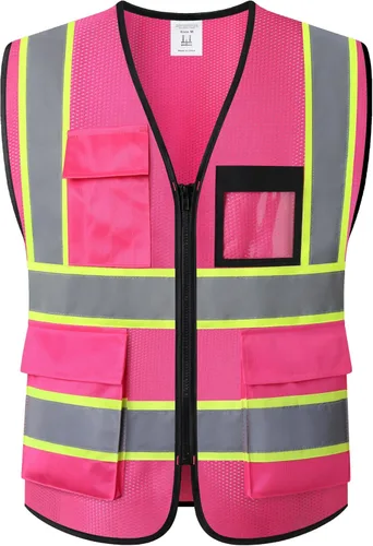 Vista 6 de Chaleco de seguridad para mujer, chaleco de alta visibilidad con 8 bolsillos y cremallera frontal, chaleco reflectante de malla que cumple