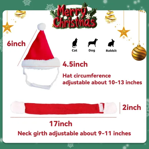 Vista 4 de Disfraz de Navidad de gato con sombrero de Papá Noel y bufanda, traje de Navidad para gatito/cachorros/decoración de Navidad para el hogar