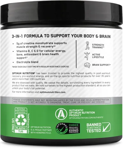 Vista 13 de Optimum Nutrition Creatina Monohidrato Plus en polvo, sabor a maracuyá naranja, mezcla de rendimiento de creatina con electrolitos