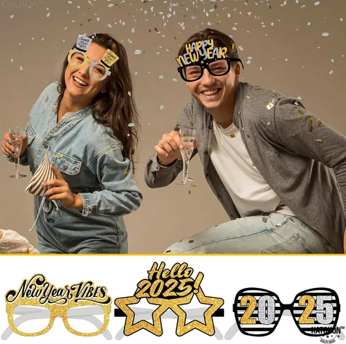 Vista 5 de KatchOn Gafas de Año Nuevo 2025 – Paquete de 12 Suministros para fiestas NYE 2025, gafas de sol de feliz año nuevo 2025, decoraciones