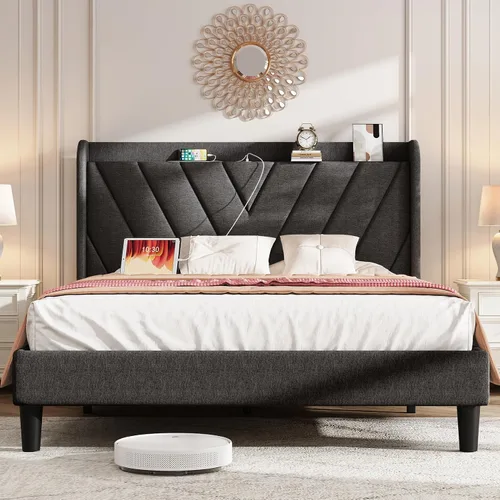 Vista 14 de koorlian Marco de cama tamaño matrimonial, Marco de cama tamaño matrimonial con cabecero, Marco de cama tapizado ajustable con puerto tipo C y USB