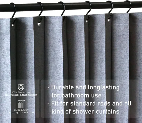 Vista 4 de Ganchos decorativos negros para cortina de ducha, alambre de metal de 0.197 pulgadas, 12 ganchos en S, para baño, ropa, toallas, utensilios