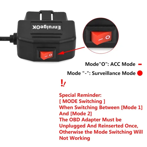Vista 2 de Cable de alimentación OBD2 para cámara de salpicadero 24 horas de vigilancia/modo Acc con botón de interruptor, cable de carga OBDII de 12-26 V a 5