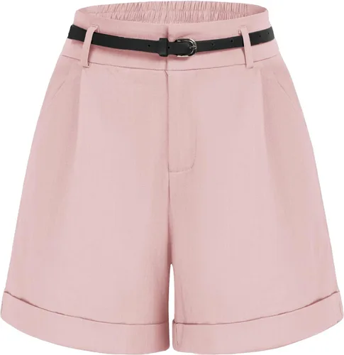 Vista 11 de Belle Poque Bermudas para mujer, cintura elástica, pantalones cortos de pierna ancha con bolsillos y cinturones Negro