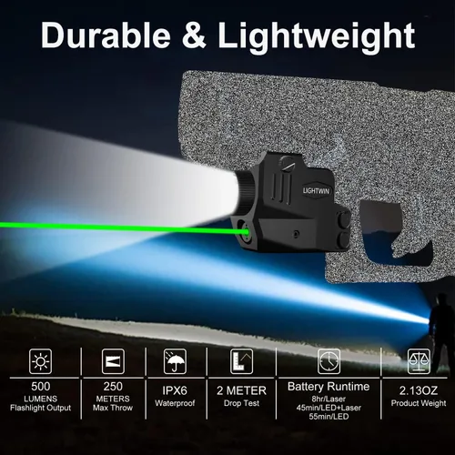 Vista 2 de 600 Lumens Pistol Light, Green Laser Light Combo for Picatinny Rail Mounted, Tactical Flashlight with Green Beam for Pistol, Strobe&Steady for