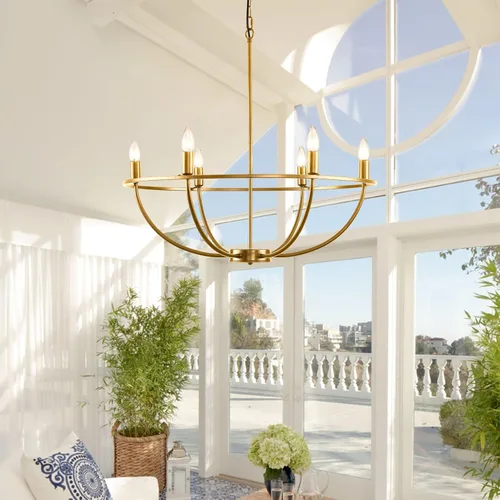 Vista 6 de WJShome Lámpara de araña dorada Granja: Candelabros modernos de 6 luces para comedor, iluminación industrial rústica de isla de cocina, para sala
