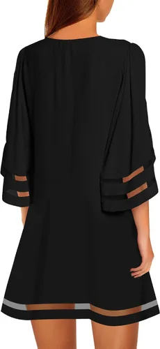 Vista 2 de LookbookStore - Vestido estilo túnica para mujer, holgado, con mangas 34 acampanadas con panel de malla, cuello redondo
