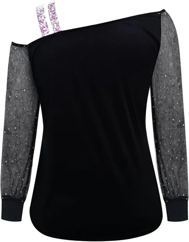 Vista 3 de Blusa recortada de manga larga de malla con estampado de lentejuelas con un hombro