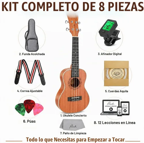 Vista 3 de Ranch - Ukulele profesional, de madera, kit de ukelele con 12 lecciones en línea gratis