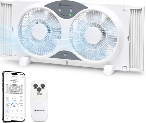 Vista 8 de Comfort Zone Ventilador de ventana doble reversible de 9 pulgadas con control remoto – Ventilador de doble aspa de 3 velocidades con modos de Negro