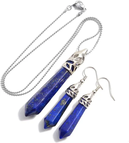 Vista 10 de AD Beads - Juego de colgante y aretes con piedras preciosas naturales hexagonales con punta, chakra Reiki Negro ágata