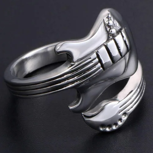 Vista 2 de Jude Jewelers Anillo de acero inoxidable estilo guitarra de música concierto cóctel fiesta noche escuela graduación Metal Zirconia cúbica
