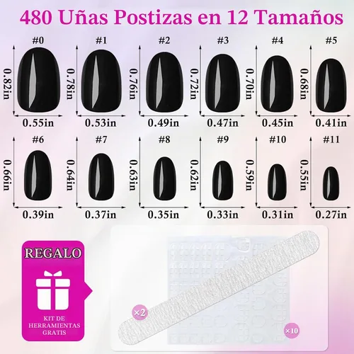 Vista 2 de 576 piezas de uñas postizas ovaladas a presión, kit de uñas postizas cortas