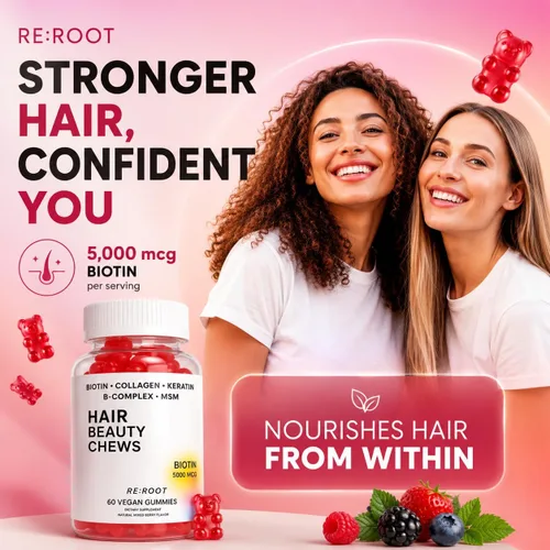 Vista 3 de RE:ROOT Gomitas para el crecimiento del cabello, 5,000 mcg de biotina con colágeno, queratina y MSM, soporte para cabello, piel y uñas, 60 gomitas