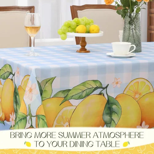 Vista 5 de Romanstile Mantel rectangular de verano, diseño de búfalo con flores de limón, a cuadros, resistente a las manchas, para cenas, fiestas, pícnics