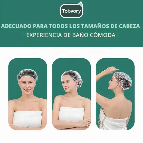 Vista 5 de Gorros de ducha desechables - 100 unidades Tobvory, gorro de ducha impermeable de plástico para mujer y hombre, gorro de ducha extra elástico
