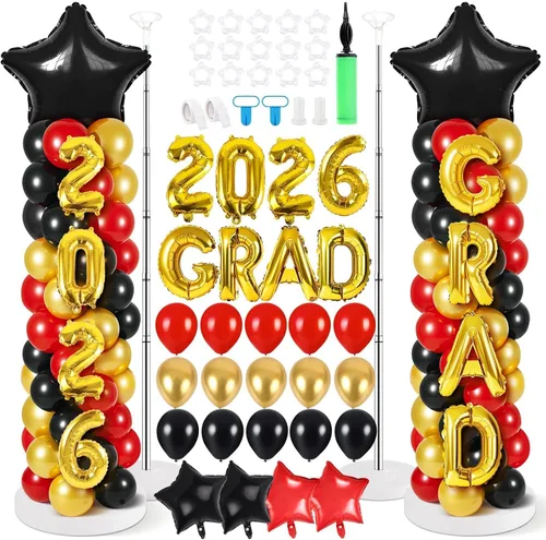Vista 23 de 2 juegos de globos negros dorados y rojos, kits de soporte de columna de globos ajustables con 4 estrellas, guirnalda de noche de película, globos