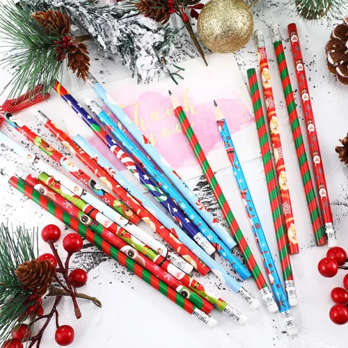 Vista 4 de Outus 48 lápices de Navidad con borrador, lápices de madera de Navidad, lápiz navideño con elementos de Navidad para regalos de Navidad, suministros