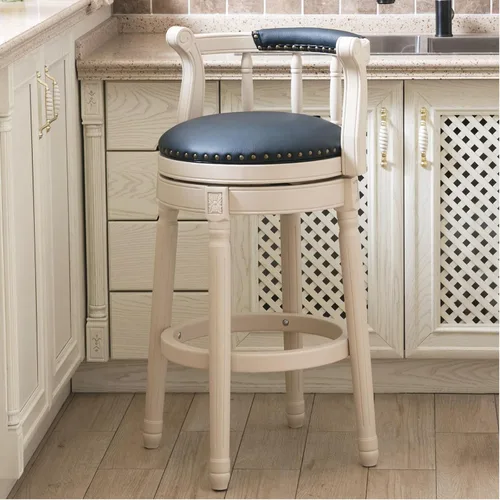 Vista 9 de RAINMOOD Taburetes de bar giratorios de cuero genuino beige mostrador de barra de madera con reposapiés para cocina, comedor, sala de estar