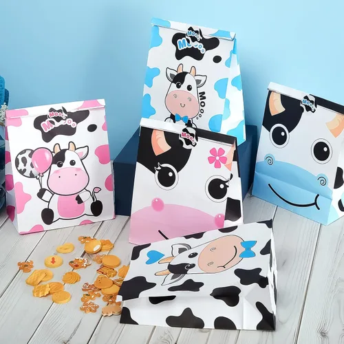 Vista 4 de Leinuosen Paquete de 24 bolsas de golosinas con estampado de vaca, bolsas de regalo de fiesta de vacas para niños, cajas de regalos con temática