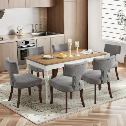 Vista 10 de SoarFlash Juego de 2 sillas de comedor modernas de madera, silla tapizada de tela de lino de granja, respaldo curvado con clavos de cobre alrededor