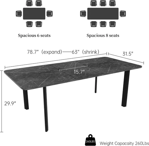 Vista 2 de HIPIHOM Mesa de comedor extensible para 6-8 personas, mesa rectangular de 63 a 78.7 pulgadas, mesa de cocina de MDF gris oscuro con patas de metal