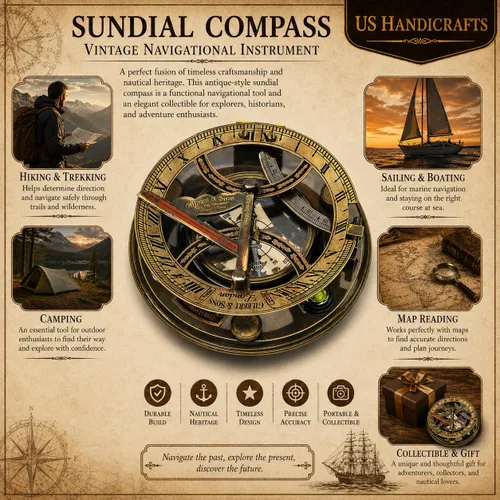 Vista 5 de Brújula de reloj de sol marítima antigua Brújula de bolsillo grabada personalizada para él, decoración náutica de cobre y latón, regalo de velero