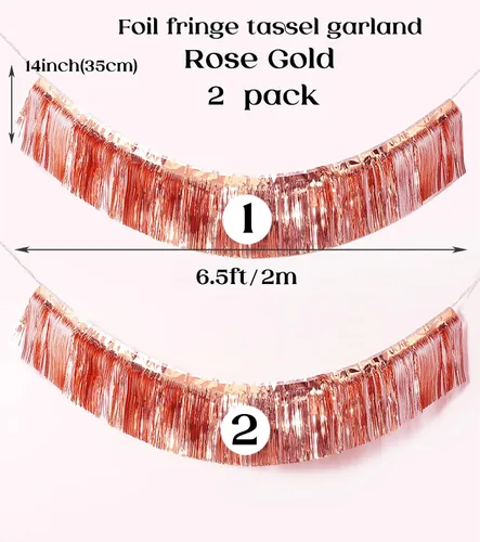 Vista 4 de Guirnalda de oropel con flecos de oro rosa de alta calidad para decoraciones de fiesta, 4 capas de grosor, paquete de 2 unidades, pancarta metálica
