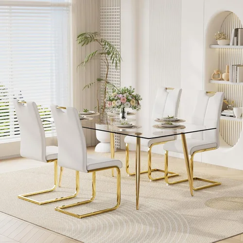 Vista 32 de Juego de mesa de comedor moderno de 51 pulgadas para 4 mesas rectangulares de cristal con 4 sillas tapizadas de cuero, asientos 4 ideales para Beige