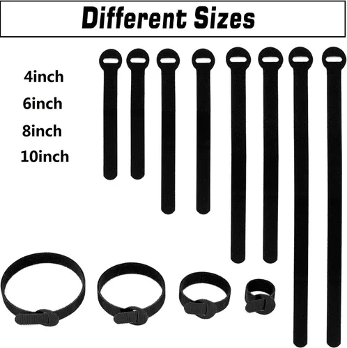 Vista 7 de 150 bridas reutilizables para cables - 4+6+8+10 pulgadas, correas de cables multiusos con gancho y bucle para gestión de cables, ataduras