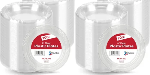 Vista 8 de Munfix Juego de 200 Platos de Plástico Transparente - Platos de Postre Desechables de 6 Pulgadas, Paquete a Granel para Fiestas, BBQ, Picnic