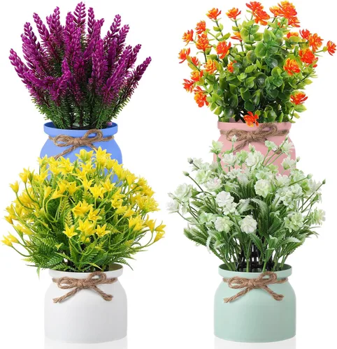 Vista 11 de Cindeer 4 piezas de flores artificiales grandes en maceta, flores artificiales de plástico para decoración del hogar, plantas artificiales