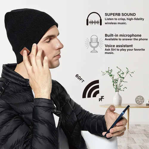 Vista 4 de Gorro de lana merino con Bluetooth, estéreo HD, 30 horas de tiempo de reproducción, micrófono integrado, regalo electrónico de Navidad