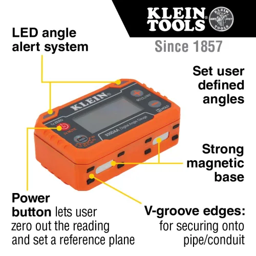 Vista 2 de Klein Tools 935DAA Medidor electrónico digital de nivel y ángulo, alerta LED, ángulos de medición y ajuste, rangos de 0-90 y 0-180 grados
