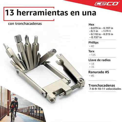 Vista 3 de CECO USA - Herramienta de bicicleta de 13 funciones con rompedor de cadena, multiherramienta para bicicleta, ultra delgada, tamaño de bolsillo