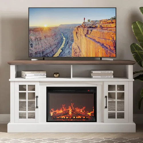 Vista 14 de BELLEZE Mueble TV, 48 pulgadas, con chimenea eléctrica funcional de 18 pulgadas, moderno, para TV de máx. 50 pulgadas, estantes abiertos y armarios