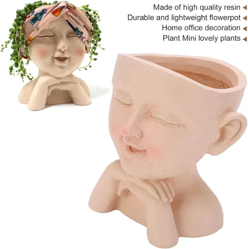 Vista 5 de Bonita maceta de cabeza de niña, maceta de cara humana, bonita maceta de resina con orificio de drenaje, ojos cerrados para plantas