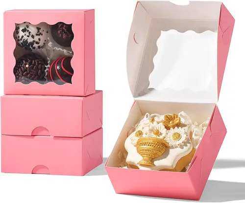 Vista 14 de RomanticBaking 50 cajas de trufas de chocolate para 4 unidades, mini cajas de panadería con ventana para brownie, galletas, jabón, donas, macarrones