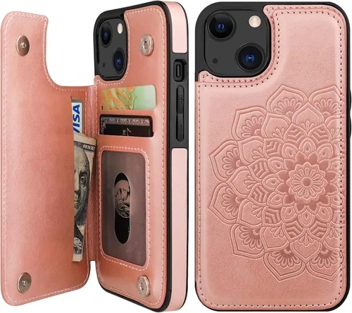 Vista 12 de Vaburs Funda compatible con iPhone 13 con tarjetero y diseño de mandala en relieve, de piel sintética, doble botones, a prueba de golpes, para Azul