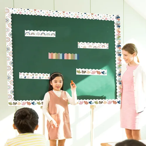 Vista 5 de Borde de anuncios bohemio de 262 pies, 10 rollos, borde bohemio de arco iris para el aula, para tablón de anuncios, decoración de tablero