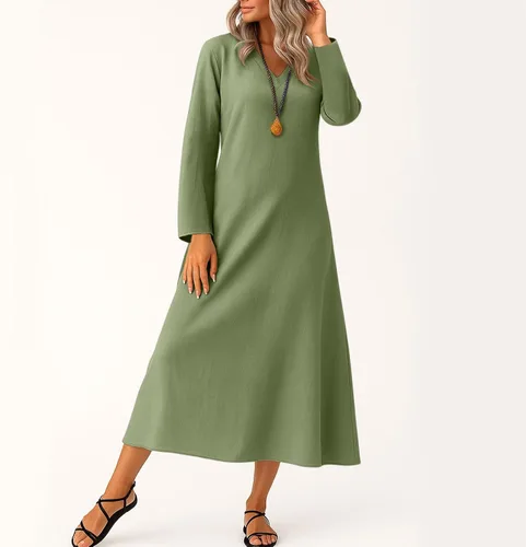 Vista 3 de Vestido de lino de algodón para mujer, de manga larga, holgado, ligero, básico, con cuello en V, vestido largo y modesto