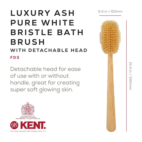 Vista 2 de Kent FD3 Cepillo exfoliante corporal de madera de haya de lujo con cerdas blancas 100% puras. Mango largo con cabeza desmontable, espalda