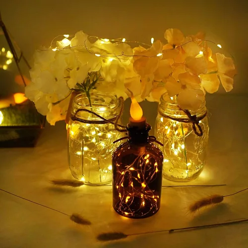 Vista 7 de Luces para botella de vino con llama de vela, paquete de 10 tiras de luces LED de corcho sin llama, funciona con pilas, alambre de cobre, mini luces